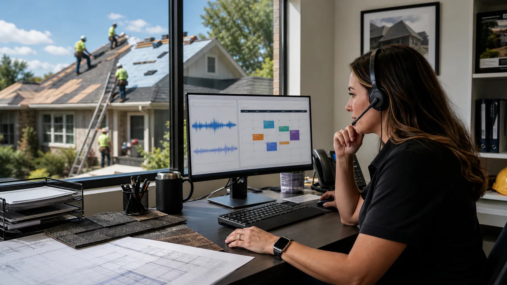Roofing office handling an inbound call while a residential roofing crew works onsite
