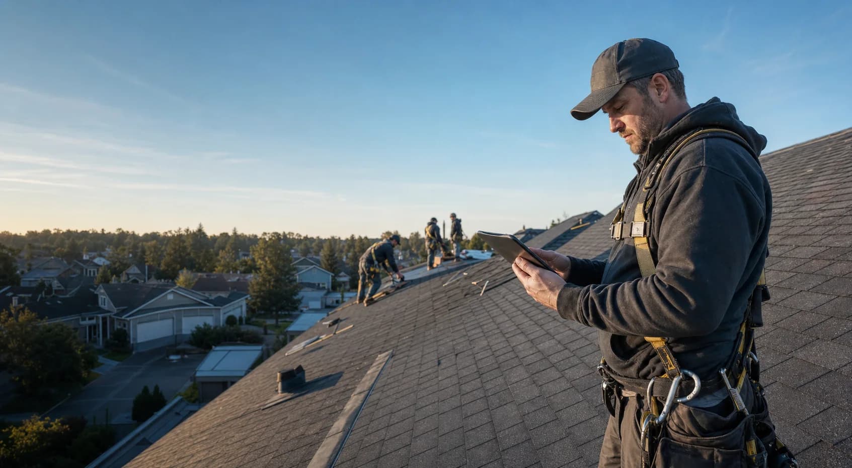 Roofing contractor reviewing active jobs, estimates, scheduling, and field operations in SiteJobr